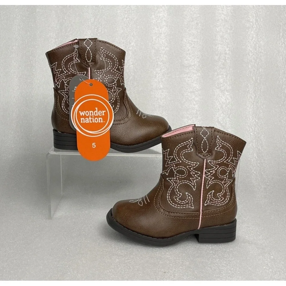 Wonder Nation Brown Zip up Square Toe Cowboy Cowgirl Boots Toddler Girls Size 5